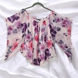 Venus Floral Print Blouse Gold Accents‎ Off Shoulder Top Woman Size 4 Boho Fairy